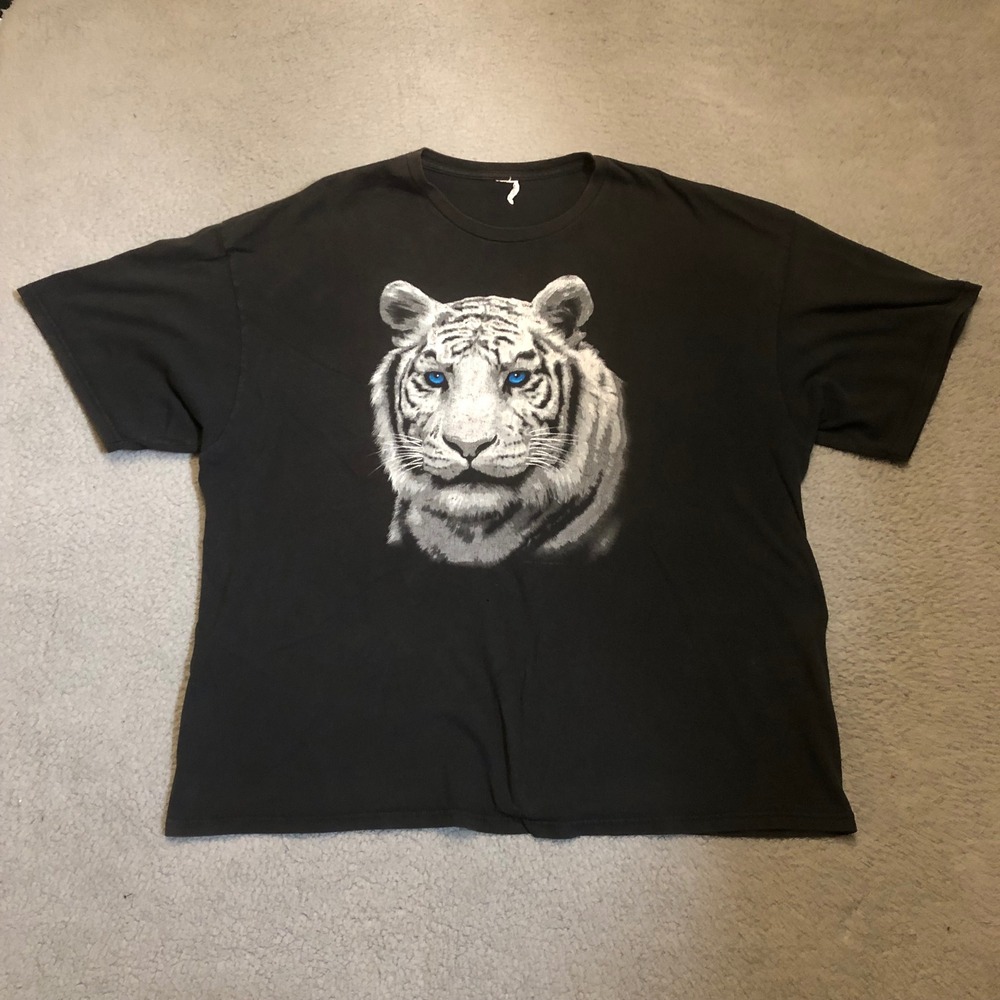 Vtg 2009 White Tiger Blue Eyes Graphic T-Shirt Black XL 2XL Distressed Faded
